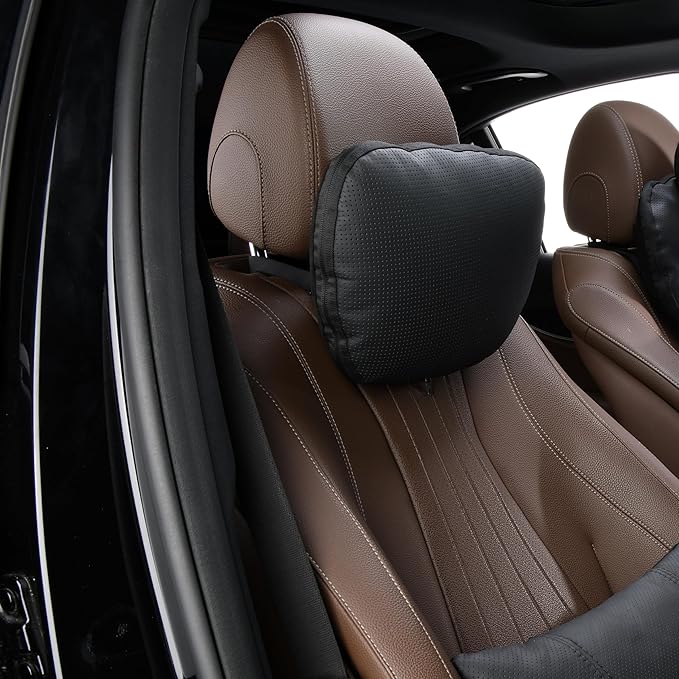 Genuine Cowhide Leather Headrest car Neck Pillow,Head Support Rest Driver,11.8x7.5”Real Cow Leather,Suede,Plant-Based Polyester,refillable&Adjustable Travel Vehicle Cushion(Black,1p)