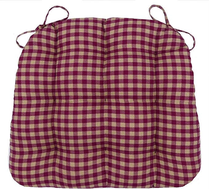 Barnett Home Decor Farmhouse Check Dark Red & Tan Dining Chair Pad with Ties - 19 x 19 Size Large Chair Cushion - Latex Foam Fill - 100% Cotton, Made in USA - Machine Washable (Dark Red & Tan)