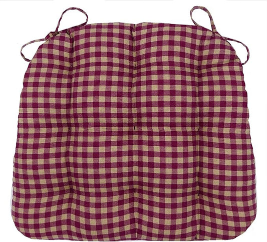 Barnett Home Decor Farmhouse Check Dark Red & Tan Dining Chair Pad with Ties - 19 x 19 Size Large Chair Cushion - Latex Foam Fill - 100% Cotton, Made in USA - Machine Washable (Dark Red & Tan)