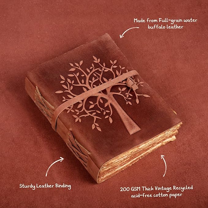 LEATHER VILLAGE Tree of Life Journal - 13 X 8 inches - Red Brown - 200 Antique Deckle Edge Handmade Paper – Book of Shadows - Vintage Leather Bound Journal for Women & Men