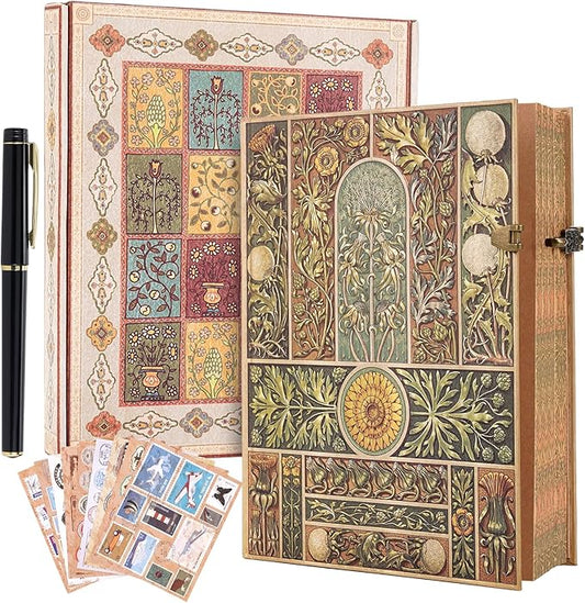 Retro 3D Plant Sound Cover Hardcover Journal,with dual specification line pattern inner pages and envelope storage bag,can be used as a travel notebook,Diary notes,and wedding anniversary.