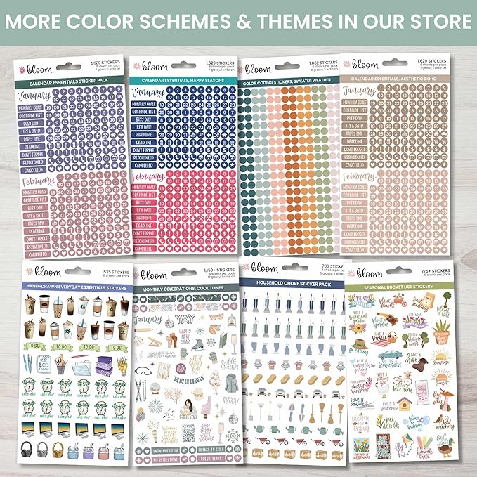 bloom daily planners Calendar Essentials Planner Stickers - 8 Sheets, 1629 Stickers Per Pack! - Color Coordinating Monthly Headings, Dates, Icons, Etc. - Retro Rainbow