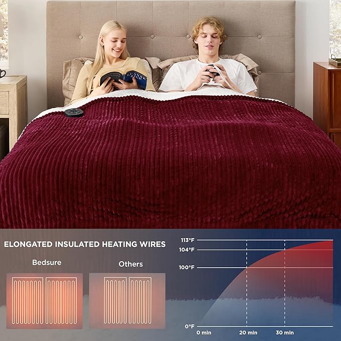 Bedsure GentleSoft Electric Blanket King Size - Soft Ribbed Flannel Heated Blanket with Dual Control, Heating with 10 Heat Settings & 10 Time Settings, 8 hrs Timer Auto Shut Off (90"x100", Burgundy)