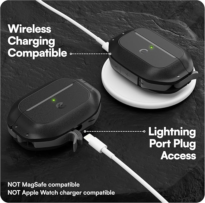 Keybudz for AirPods Pro Case with Lock - Fully Waterproof AirPods Pro 2nd Generation Case Cover - Keychain, Rugged Tough Protection, Hard Shell and Carabiner for USB-C/Lightning (Carbon Black)