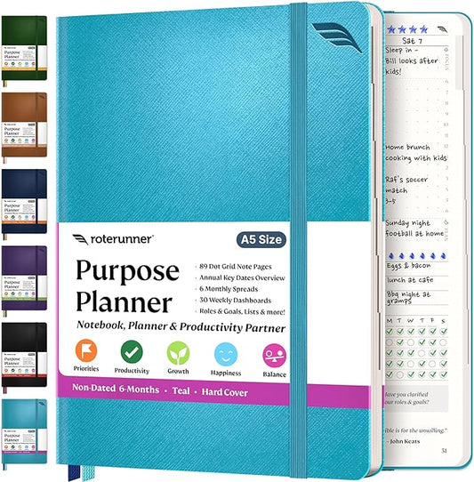 Roterunner Purpose Planner Notebook A5 5.8”x8.3” Undated 2025 Daily Weekly and Monthly Productivity Goal Setting Tool for Work Home ADHD Planner for Adults Self Care Journal (Teal Hardcover)