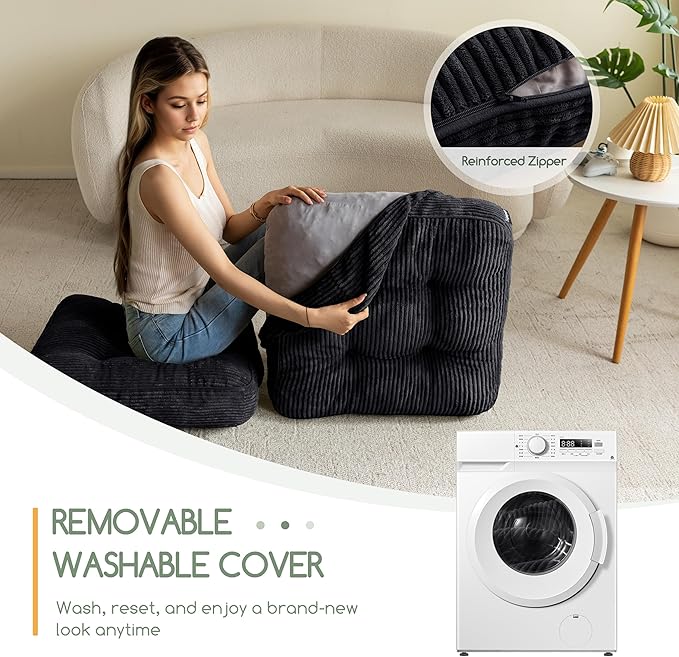 Washable Floor Pillow Cushion for Adults, Meditation Cushion Pillow, Large Square Floor Sitting, Removable Tufted Corduroy Cover, for Tatami Living Room or Yoga, 22x22 Inch, 2Pack, Machine Washable