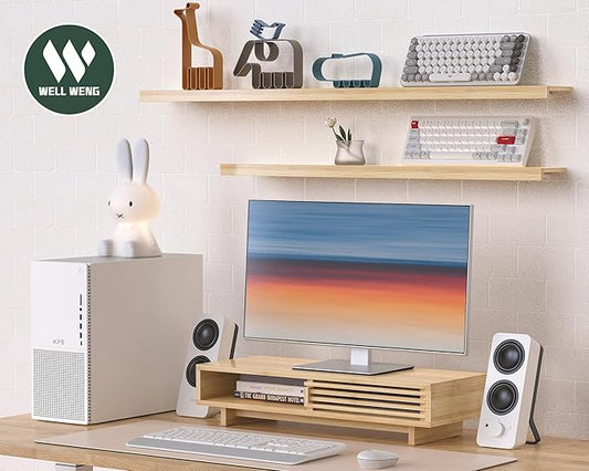 Monitor Stand Riser with Sliding Door, Computer Laptop Stand Desk Shelf Organizer with Storage (Natural Bamboo, 25 Inch)