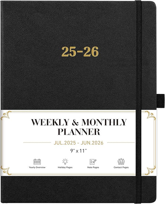 2025-2026 Planner - Academic Planner 2025-2026, Leather Weekly Monthly, Jul.2025 - Jun.2026, 9" x 11", Inner Pocket + Bookmarks+ Leather Hardcover