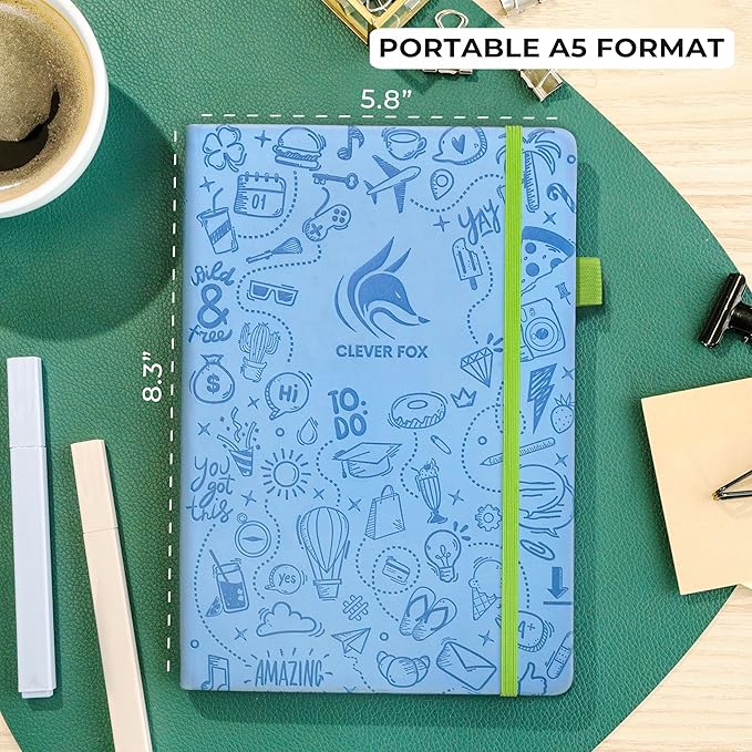 Clever Fox Dotted Journal 2.0 – Compact Planning and Sketching Dot Grid Notebook 120 GSM Thick, No-Bleed Paper – Planner with Pen Loop, Pocket, Ribbons, Stickers A5 - Light Blue