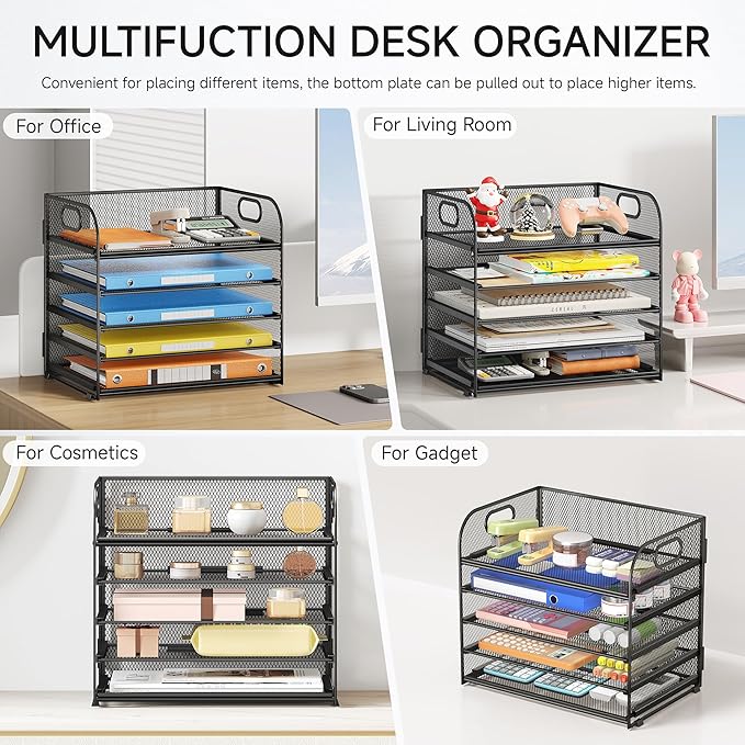 Lavatino 5 Tray Desk File Organizer, Black Mesh Paper Sorter Letter Tray Organizer with Handle, Desktop File Organizer and Storage for Letter/A4 Office File Folder