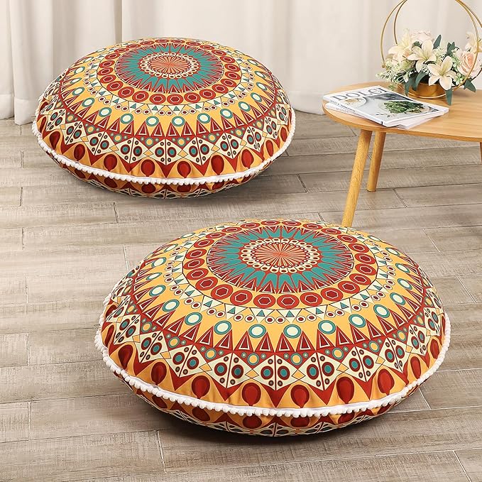 32 inches Meditation Floor Cushion for Adults, 2 Pack Round Large Thick Floor Pillow, Memory Foam Filling, Orange