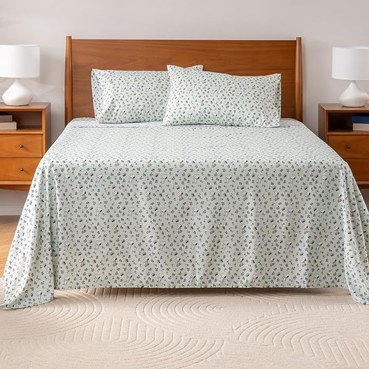 Berkshire Blanket Peanuts® Kids Sheet Set Queen Size - 4 Pieces,Cute Character Snoopy Printed Soft Microfiber Bed Sheets,Mini Snoopy & Woodstock New Flower and Bees Sage
