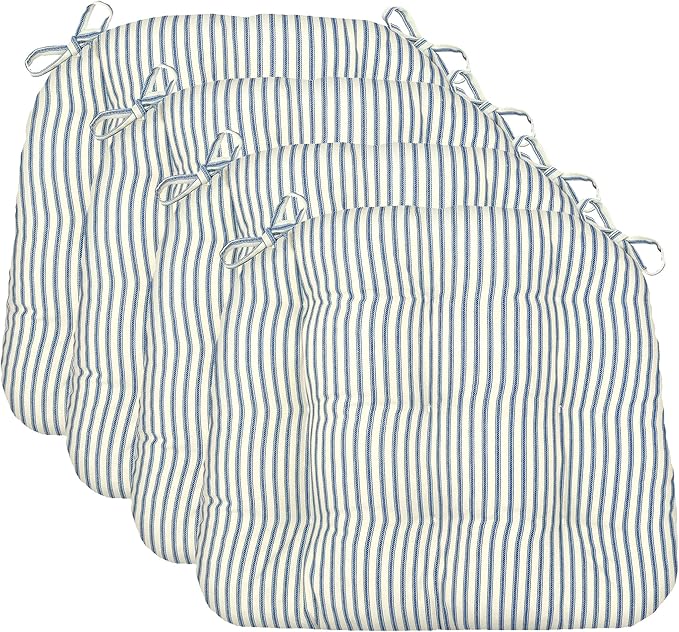 Barnett Home Decor Dining Chair Cushions with Ties, 16.5 x 18, Pack of 4 – Ticking Stripe Navy Blue – 100% Cotton, Latex Foam Fill, Made in USA