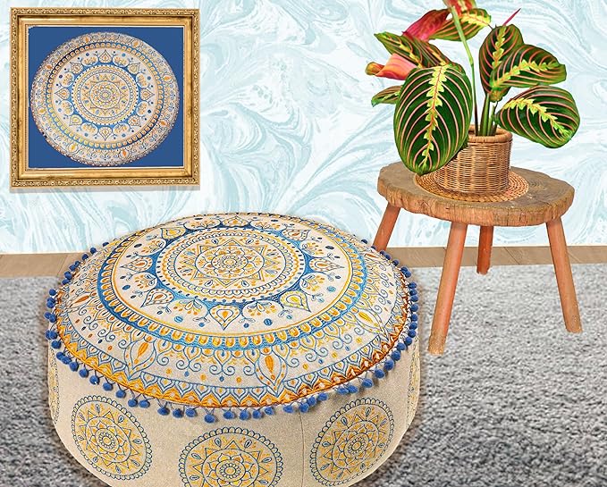 Boho Floor Pillow Cover Round Moroccan Large Pouf Ottoman Room Décor Cushion for Meditation Yoga and Boho Chic Bohemian Furniture Perfect for Living Room, Bedroom, Nursary or Children Room Unstuffed