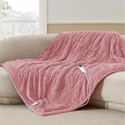Bedsure GentleSoft Heated Blanket Electric Throw - Soft Ribbed Flannel Electric Blanket, Heating with 4 Time Settings, 6 Heat Settings, and 3 hrs Timer Auto Shut Off (50x60 inches, Bridal Rose)