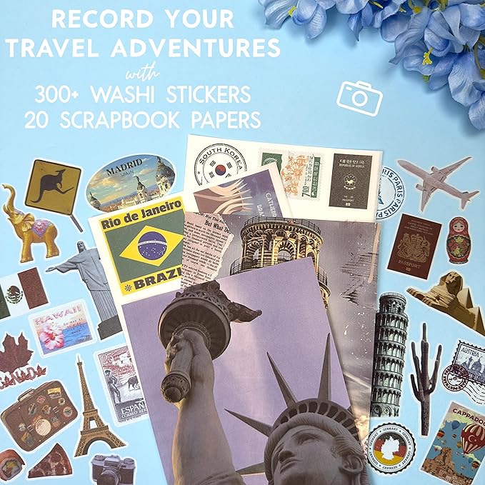 300+ Travel Stickers & 20 A5 Papers - Pre-Cut Washi Stickers for Journaling & Vintage Travel Scrapbooking