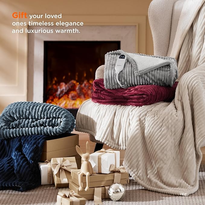 Bedsure GentleSoft Electric Blanket Full Size - Soft Ribbed Flannel Heated Blanket with 6 Heat Settings, Heating with 10 Time Settings, 8 hrs Timer Auto Shut Off (72x84 inches, Light Grey)