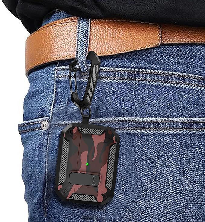 Maxjoy for AirPods Pro Case Cover with Lock, AirPods Pro 1st Generation Case for Men Military Rugged Protective Cover with Keychain Compatible with Apple AirPod Pros 2019 Front LED Visible, Red Camo