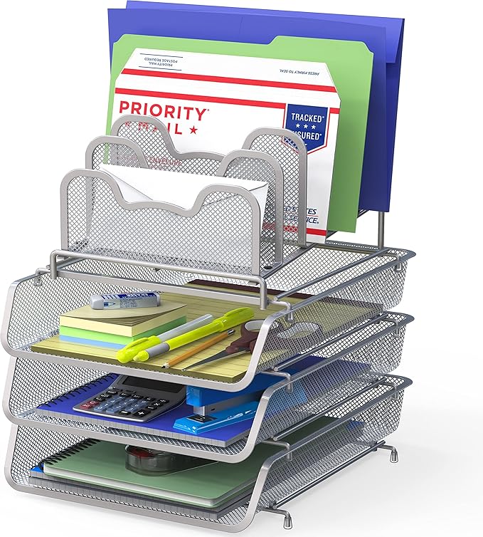 Simple Houseware 3-Tier Stackable Desk Organizer with 5 Compartments - Letter Tray and Step File Sorter, Silver