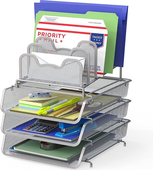 Simple Houseware 3-Tier Stackable Desk Organizer with 5 Compartments - Letter Tray and Step File Sorter, Silver