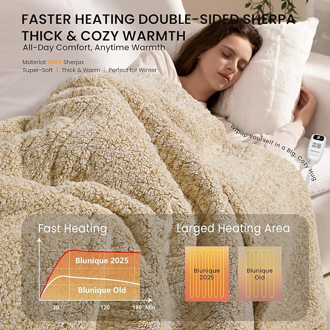 Electric Heated Blanket Queen 84x90 inches, Fast Heating w/ 10 Heat Settings & 2/4/8/10H Auto Timer, Double-Sided Sherpa, Ultra Soft & Cozy for Couch, Bed, Office, Machine Washable, Light Camel