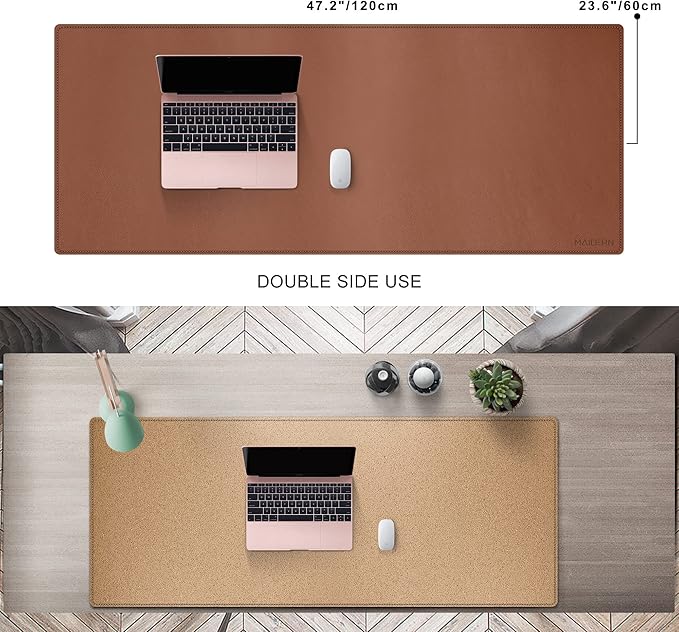 MAIDERN 47.2" x 23.6" XXL Cork & Leather Desk Mat, Full Desk Mouse Pad, Dual Sided, Gaming & Home Office (Brown)