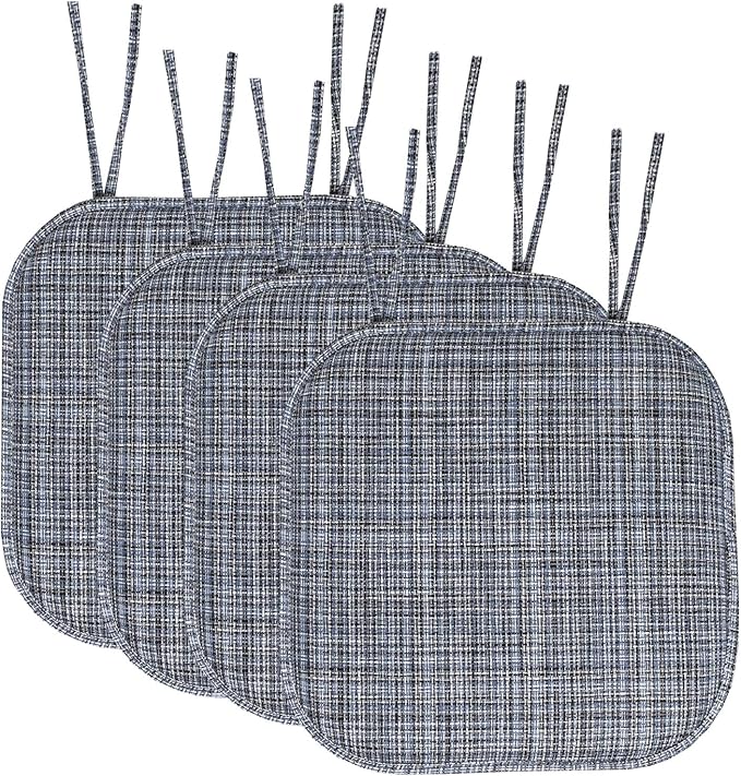 Sweet Home Collection Chair Cushion Memory Foam Pads with Ties Honeycomb Pattern Slip Non Skid Rubber Back Rounded Square 16" x 16" Seat Cover, 4 Pack, Aria Blue/Black