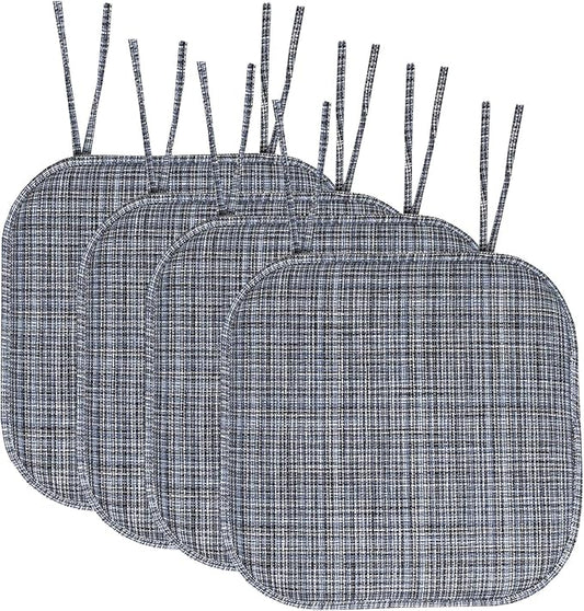 Sweet Home Collection Chair Cushion Memory Foam Pads with Ties Honeycomb Pattern Slip Non Skid Rubber Back Rounded Square 16" x 16" Seat Cover, 4 Pack, Aria Blue/Black