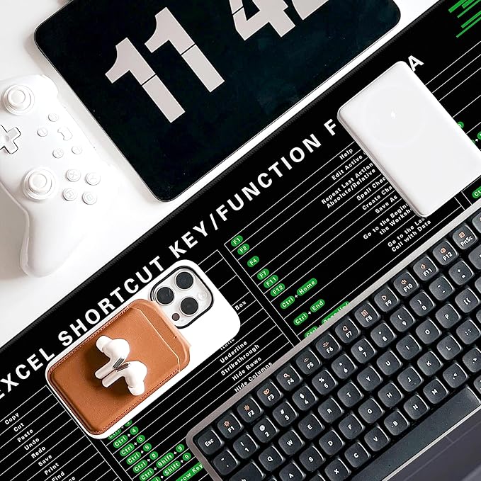 Excel Cheat Sheet Desk Pad, 31.5"x11.8", Waterproof Extra Large Excel Shortcut Mat with Stitched Edges, Anti-Slip Excel Mouse Pad for Office Desk, MS Excel/Word Shortcuts (Green Excel J)