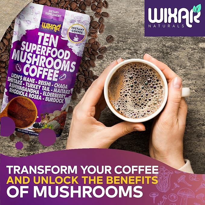WIXAR Superfood Mushroom Coffee - Instant Coffee Powder, Ten Superfood Extracts with Lion's Mane, Turkey Tail, Reishi, Chaga, Shiitake, Ashwagandha, Rhodiola Rosea, Elderberry, 5oz Mushroom Supplement