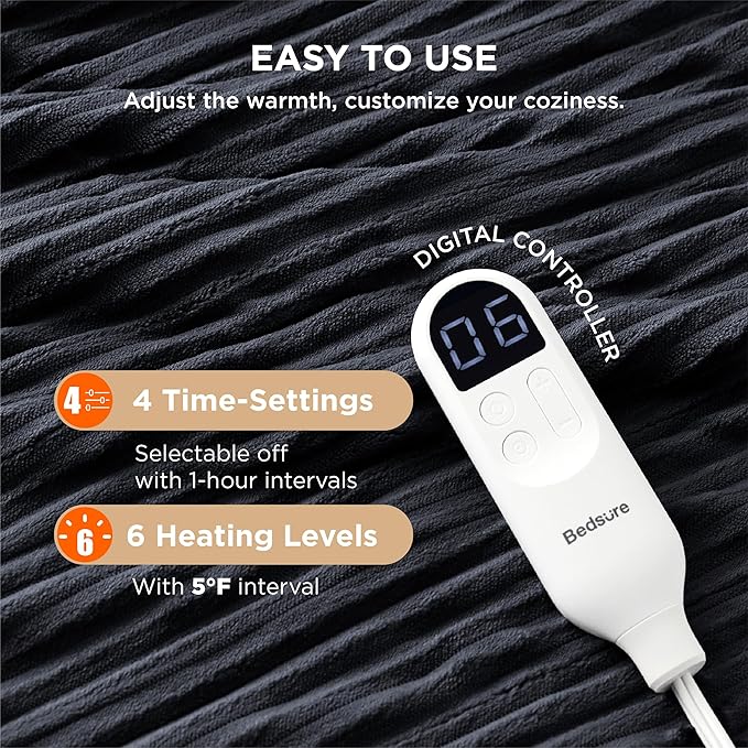 Bedsure GentleSoft Electric Blanket Twin - Soft Ribbed Flannel Heated Blanket, Heating with 10 Time Settings, 6 Heat Settings, and 8 hrs Timer Auto Shut Off, Gifts for Grandma (62x84 inches, Black)