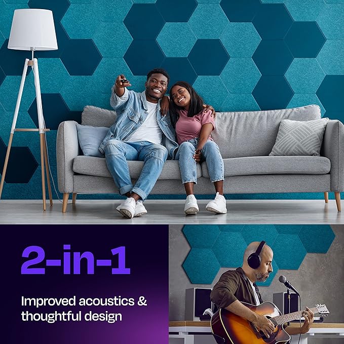 Acoustic Panels 12-Pack - 14"X12.1"X0.4" Soundproof Wall Panels - High Density Sound Dampening - Light Turquoise Hexagon