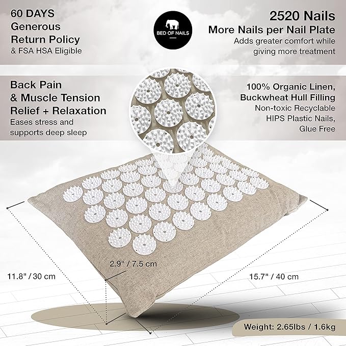 Original Premium Comfortable ECO Acupressure Pillow Flat Cushion, 2520 Acupuncture Pressure Points for Neck Pain, Back Pain, Stress Relief, Linen Tote Bag, 16x11x4