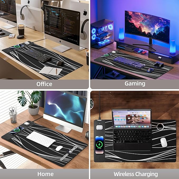 Mouse Pad with Wireless Charging, Gaming Mouse Pad with Ultra-Smooth Surface, Large XXL Desk Mat, Non-Slip Mouse Mat, Waterproof Computer Keyboard Pad for Desk, Office, 800x400x4MM, Black and Line