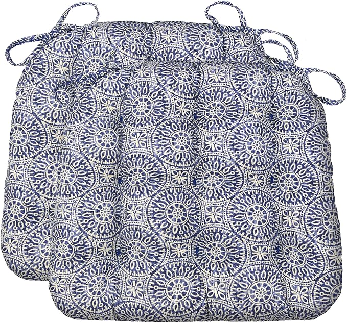 Barnett Home Decor Dining Chair Cushions with Ties, 16.5 x 18, Pack of 2 – Tibet Blue – 100% Cotton, Latex Foam Fill
