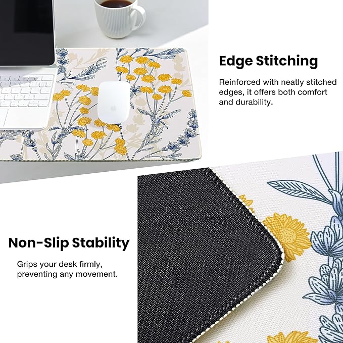 ALOANES Waterproof Mouse Pad with Durable Stitched Edge, Large Gaming Keyboard Pad, Non-Slip Rubber Base, Extended Desk pad for Gamer, Office & Home, Yellow Flower Mousepad 31.5''x 11.8''x 0.12''
