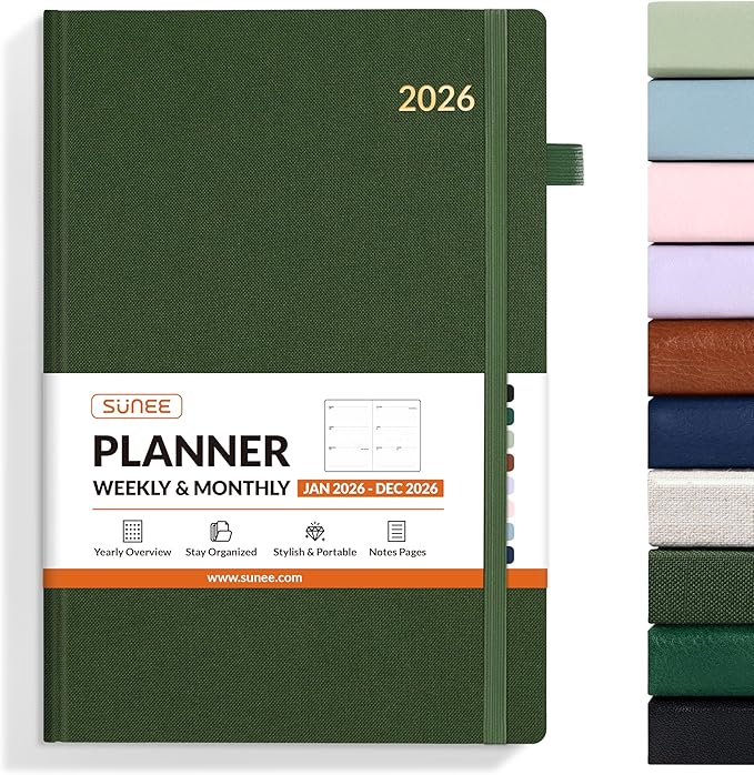 SUNEE 2026 Weekly & Monthly Hardcover Planner 5.5" x 8.3" - 12 Month (January 2026 - December 2026), Small Hardcover Planner, Pocket, Notes, 100 GSM Paper, Deep Green