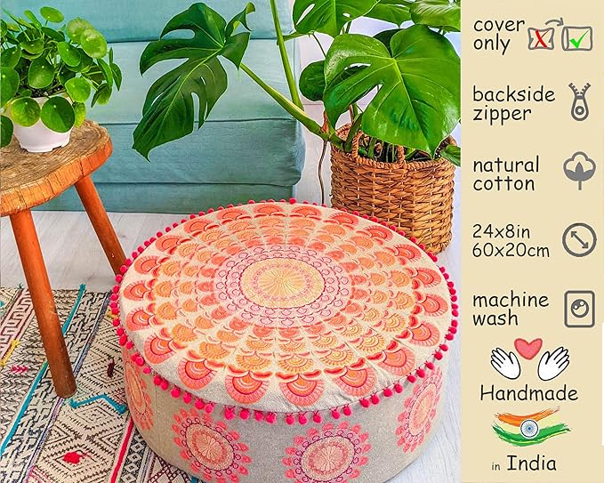 Mandala Life ART Large Boho Pouf Cushion Cover Pink Round Floor Pillow Luxury Kids Room Décor Cotton Pouf Ottoman Cushion for Meditation Yoga and Boho Chic Seating Area Stool Cotton 24x8 Unstuffed