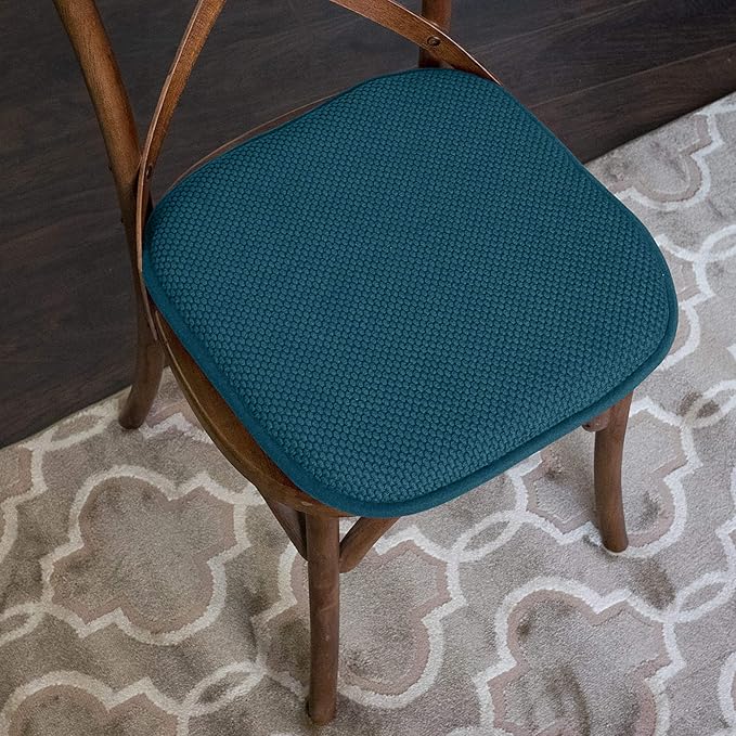 Sweet Home Collection Chair Cushion Memory Foam Pads Honeycomb Pattern Slip Non Skid Rubber Back Rounded Square 16" x 16" Seat Cover, 6 Pack, Peacock Blue