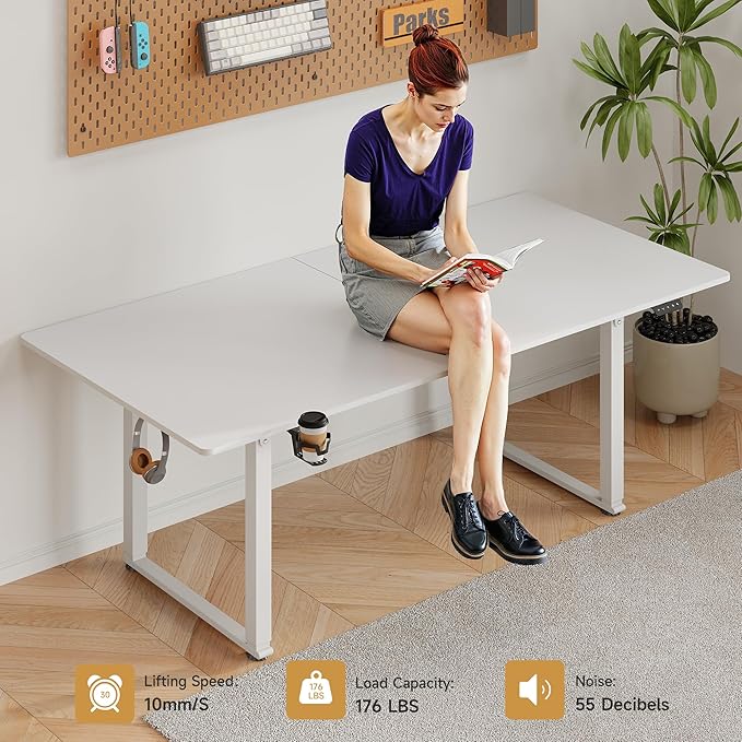 63x30 Inch Adjustable Standing Desk with 4 Legs, Stand up Desk Features a Spacious Rectangular Top, Dual-Motor Lift, and Memory Presets (28-46Inch) for Home Offices or Computer Workstations, White