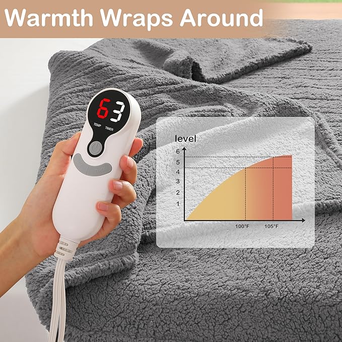 Electric Heated Blanket 6 Heating Settings & 10H Auto Off Full 72×84 Ultra-Soft Warm Machine Washable Home Office Light Gray