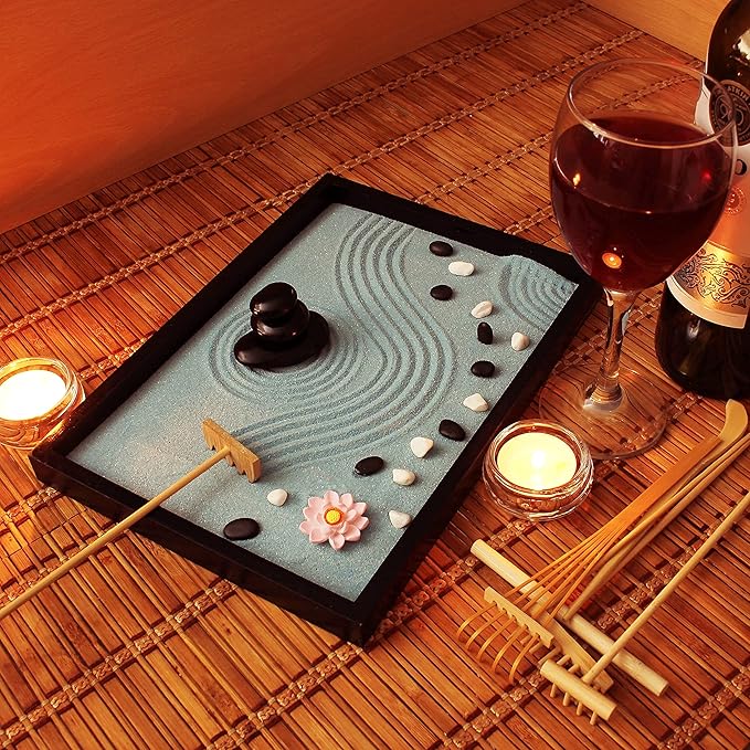 Oasis of Calm Zen Garden Kit. 11x8 Inch Beautiful Premium Japanese Decor Mini Meditation Gifts Set. Home, Office Desk Accessories. Zen Decor Sand Garden. Aqua Blue Sand, 6 Tools, 6 Features incl rocks