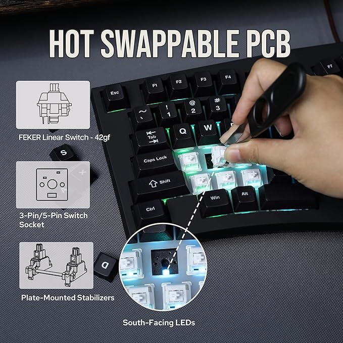Feker Alice98 Ergonomic 98 Keys Custom Mechanical Keyboard, VIA Programmable, USB-C Wired Gaming Keyboard, Hot Swappable, 5 Layer Paddings, Control Knob, NKRO, RGB for Win/Mac (Black)