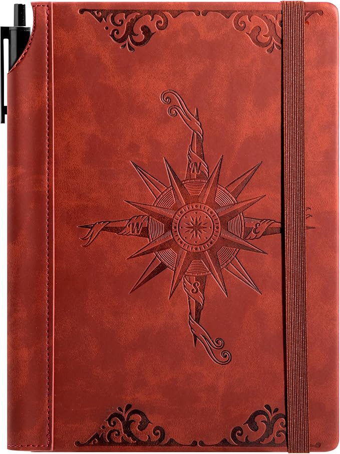 CAGIE Compass Leather Notebook Journal for Men, 100 GSM 288 Pages Lined Journals for Writing, A5 Hardcover Journaling Notebooks Gift Set with Pen for Travel Office Daily Writing
