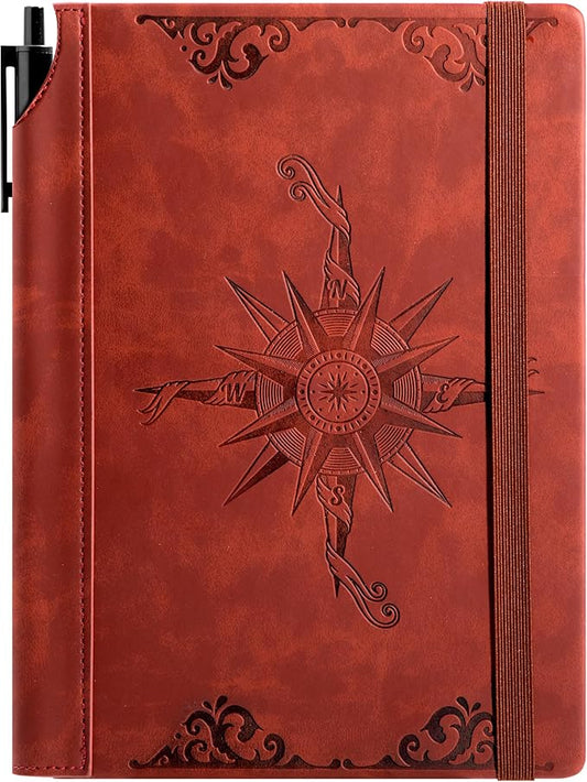 CAGIE Compass Leather Notebook Journal for Men, 100 GSM 288 Pages Lined Journals for Writing, A5 Hardcover Journaling Notebooks Gift Set with Pen for Travel Office Daily Writing