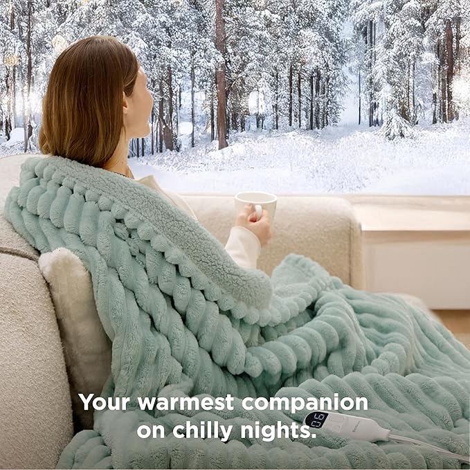 Bedsure Heated Blanket Electric Throw - Thick Striped Flannel Electric Blanket, Heating with 4 Time Settings, 6 Heat Settings, and 3-Hour Timer Auto Shut Off, Gift for Grandma (50x60 inches, Green)