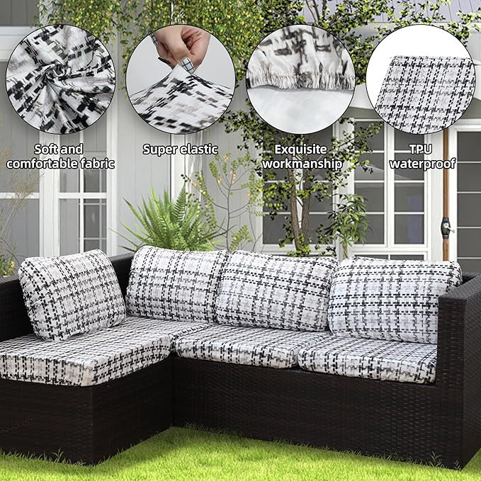 8Pcs Stretch Patio Cushion Covers Outdoor Cushion Cover, Jacquard Stretch Cushion Covers, Cover Replacement, Outdoor Sofa Covers, Washable Furniture Couch Cushion Cover (Ink colored grids)