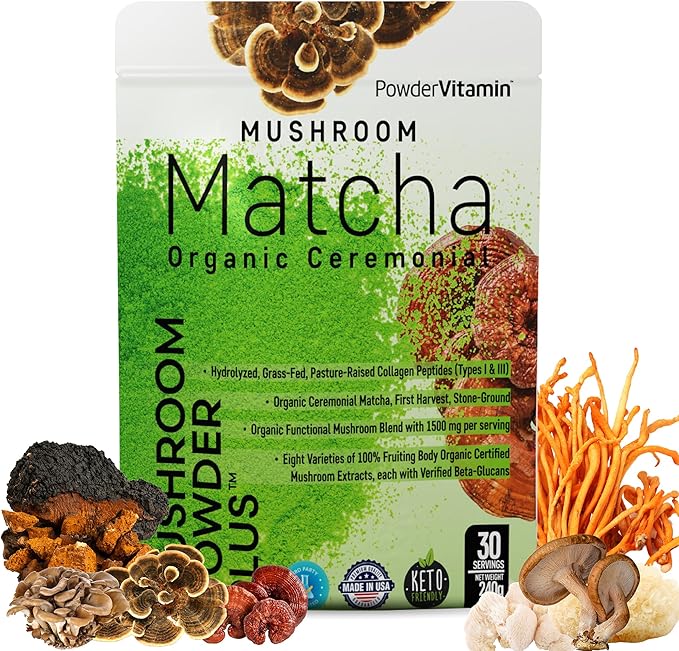 Organic Ceremonial Mushroom Matcha Certified Pesticide-Free Grass-Fed Collagen Types I & III 8 Fruiting Body Mushrooms Tested for Beta-Glucans Focus Digestion & Immunity 30 Servings