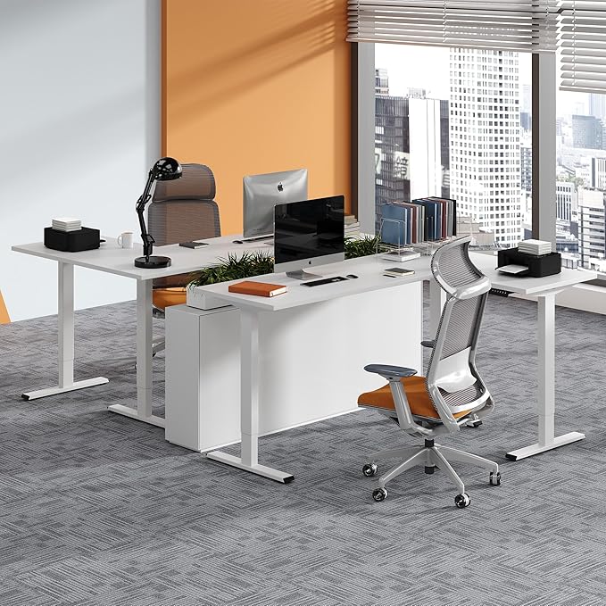 SANODESK Electric Height Adjustable 3 Leg Corner Desk Frame, up to 220lbs, Sit Stand Ergonomic L Shaped Frame Only, White