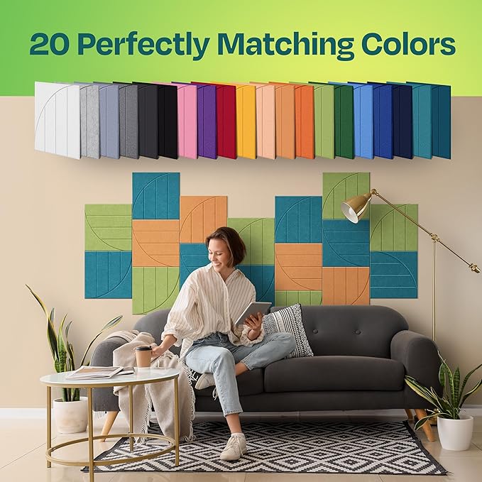 Acoustic Panels 12-Pack Soundproof Wall Panels 12"x12"x0.4" Decorative Sound Dampening for your Home, Office, Studio, Bedroom & More with Unique ModuArc Carving [Light Turquoise]